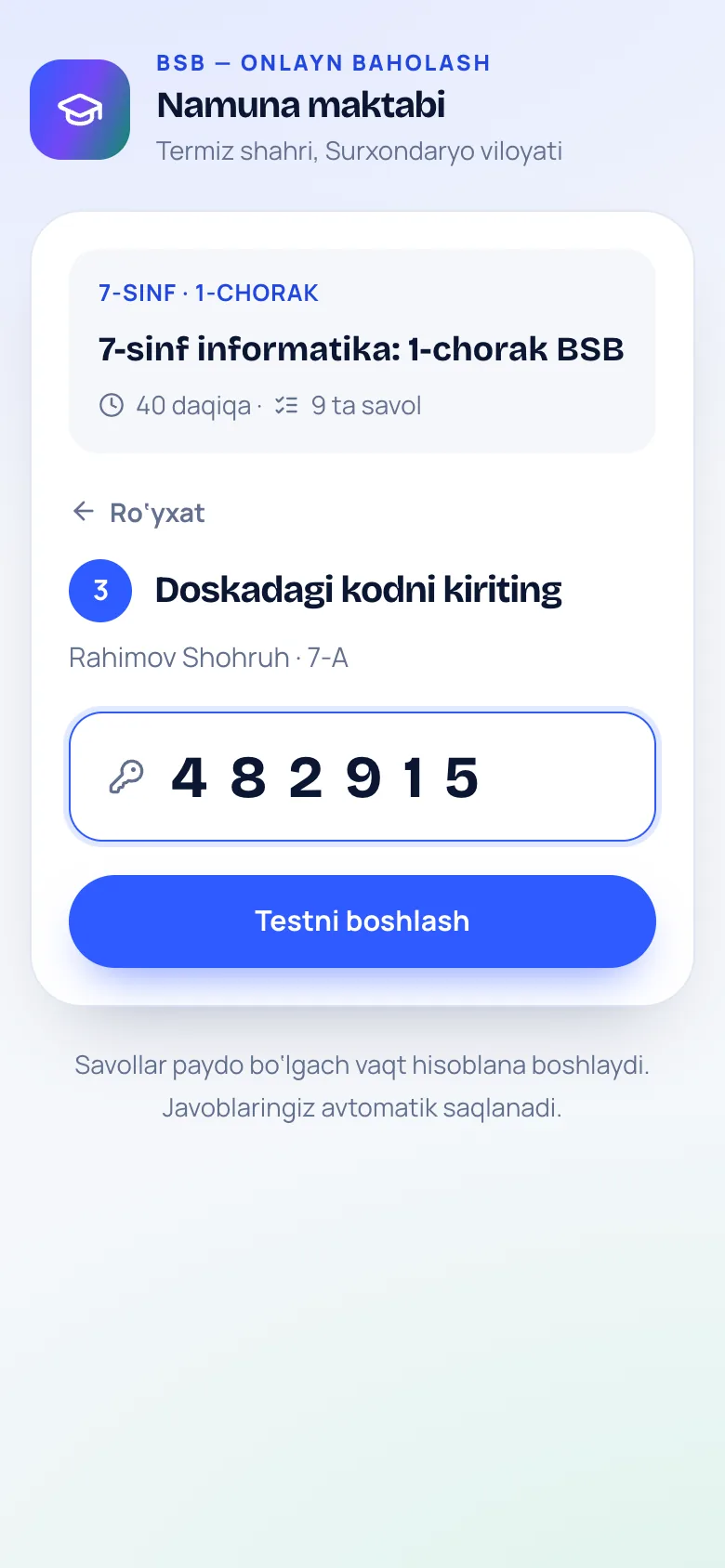 3. Kodni kiritadi