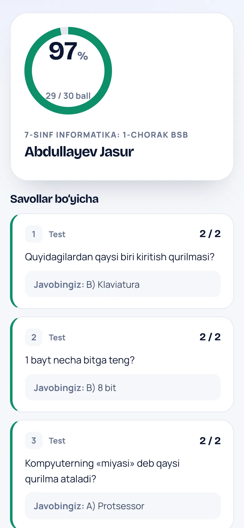 O‘quvchining natija sahifasi